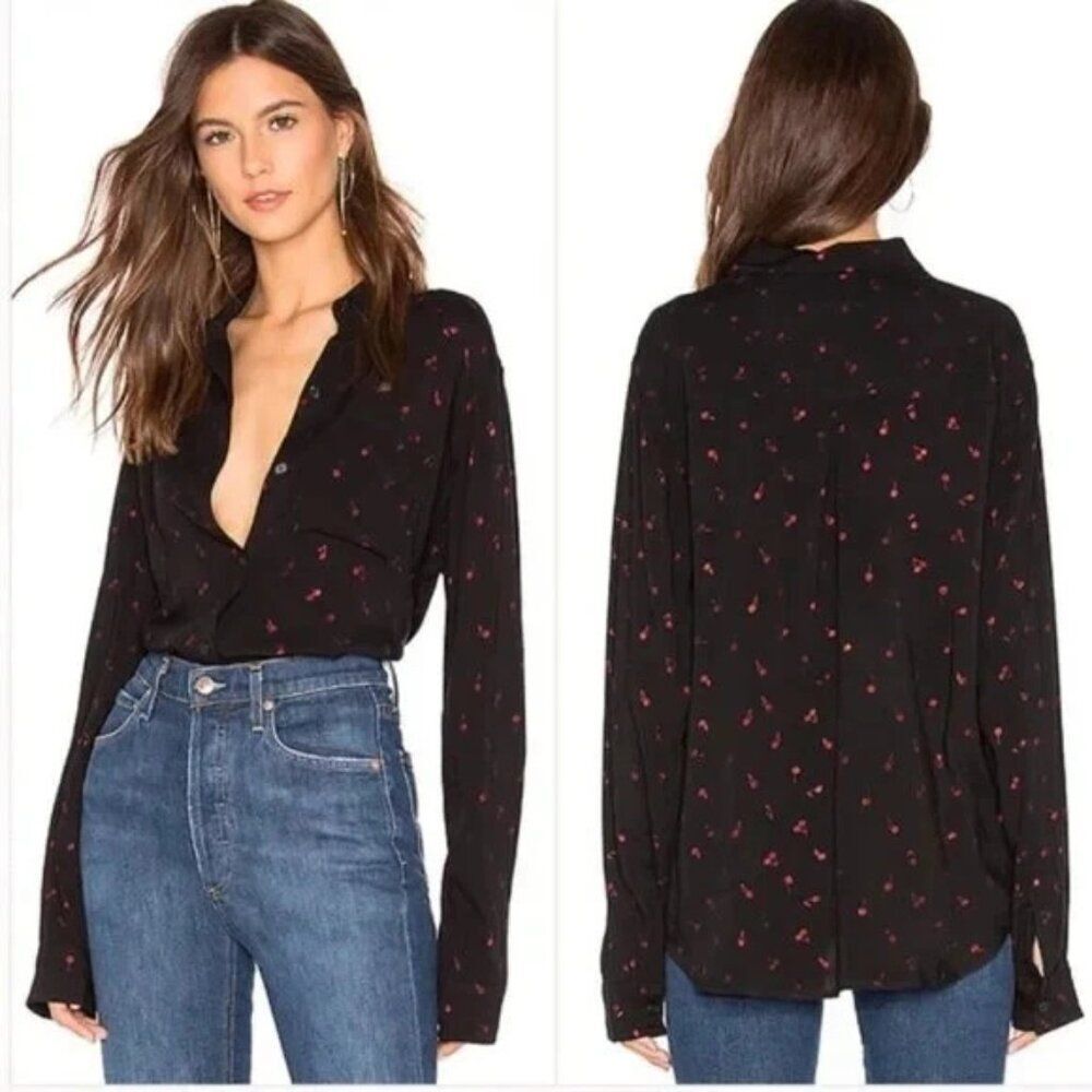 RAILS Rocsi Button Down Black/ Bright Red Metallic Cherries Size M